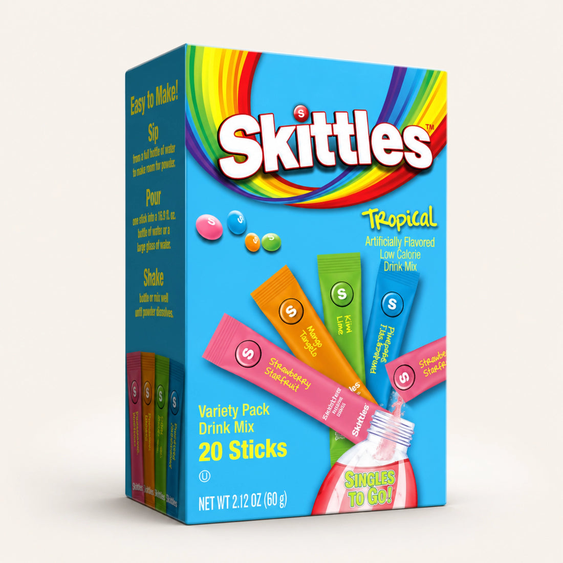 Skittles Singles To Go Tropical Zero Sugar Drink Mix, 20 Sticks