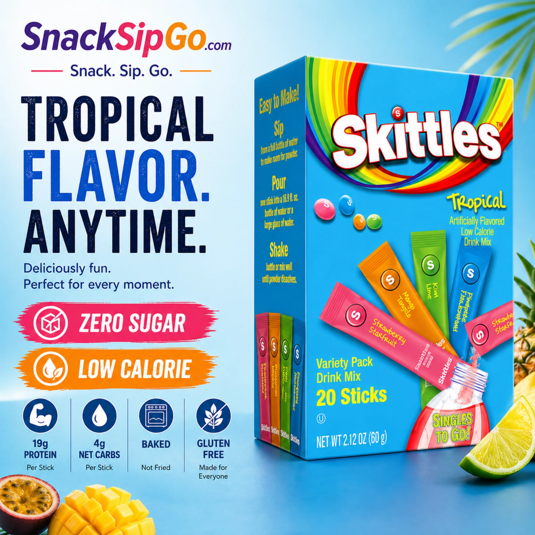 Skittles Singles To Go Original Variety Pack Zero Sugar Drink Mix, 30 Sticks