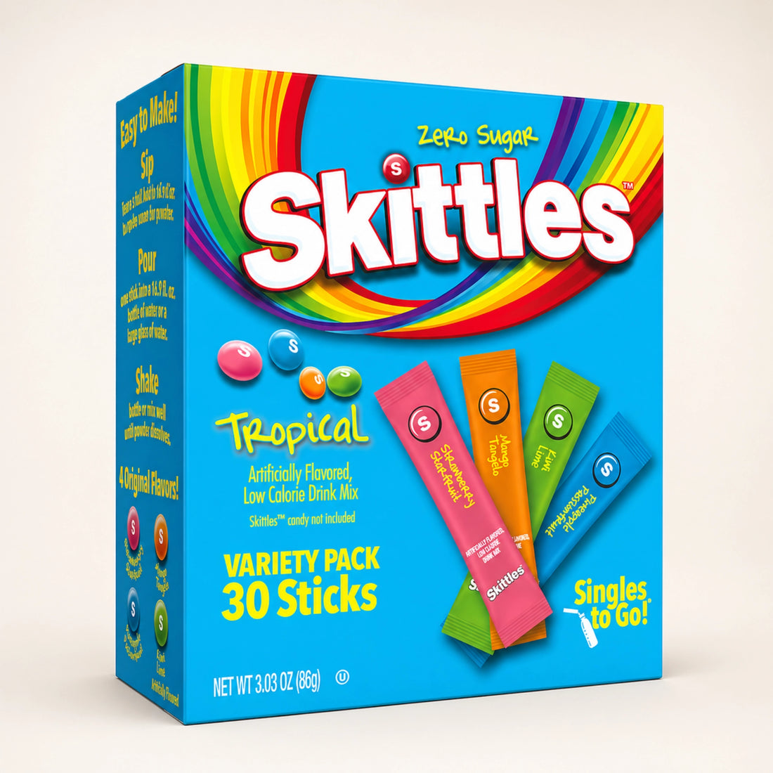 Skittles Singles To Go Tropical Zero Sugar Drink Mix, 30 Sticks