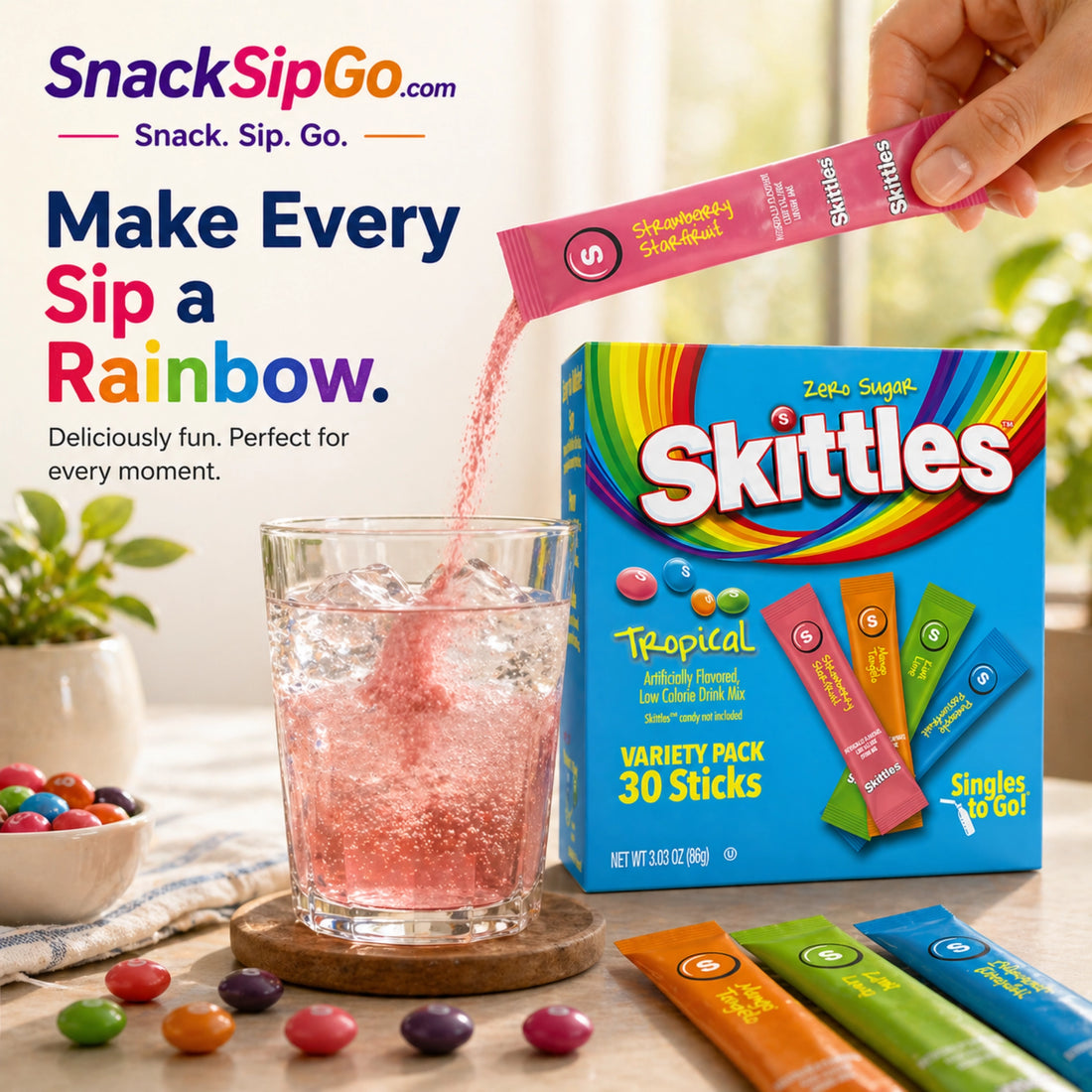 Skittles Singles To Go Tropical Zero Sugar Drink Mix, 30 Sticks