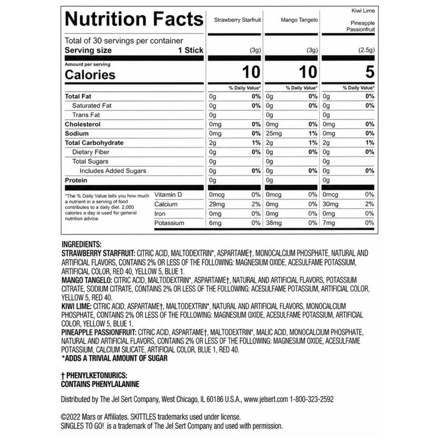 Skittles Singles To Go Tropical Zero Sugar Drink Mix, 20 Sticks Nutrition Facts