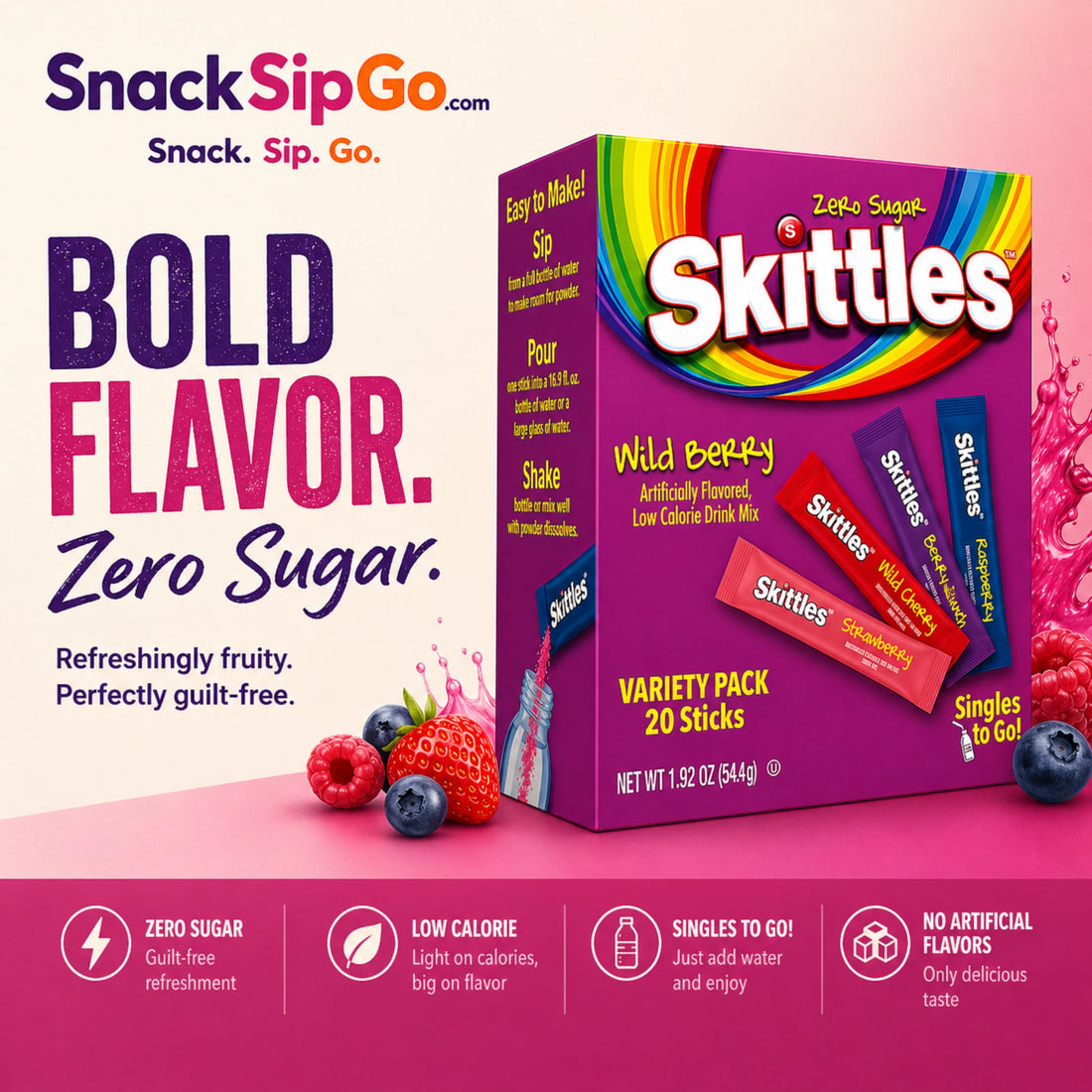 Skittles Singles To Go Original Variety Pack Zero Sugar Drink Mix, 30 Sticks