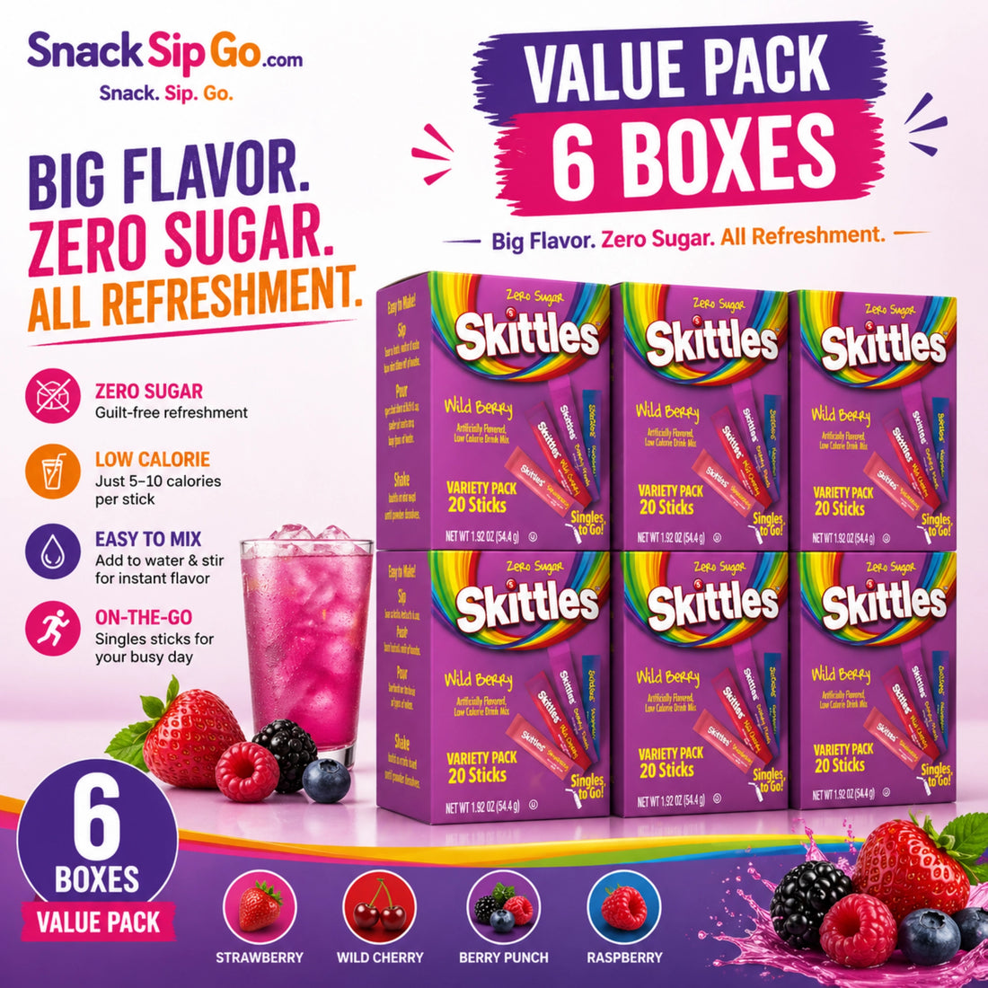 Skittles Singles To Go Original Variety Pack Zero Sugar Drink Mix, 30 Sticks
