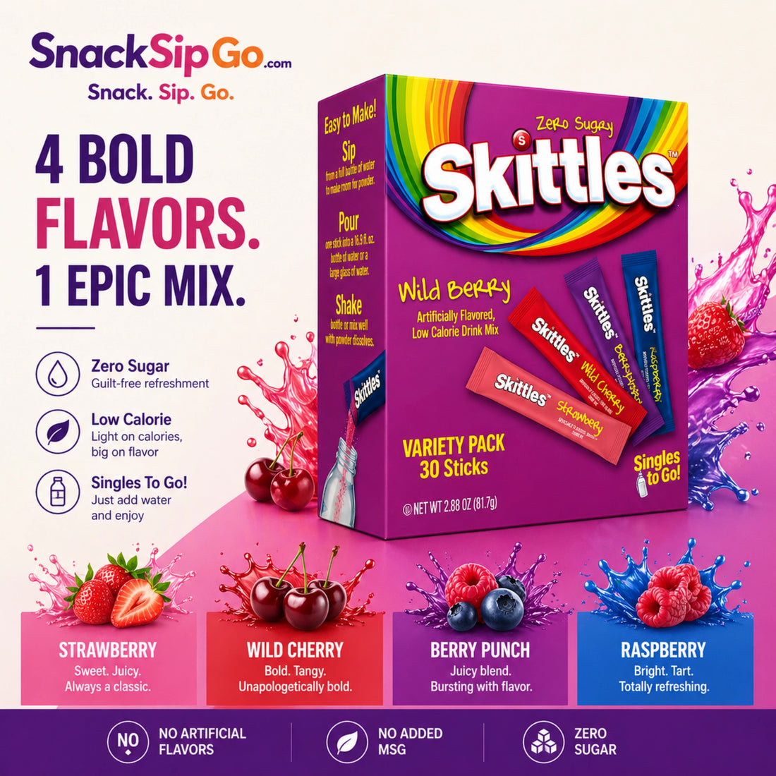 Skittles Singles To Go Wild Berry Zero Sugar Drink Mix, 30 Sticks