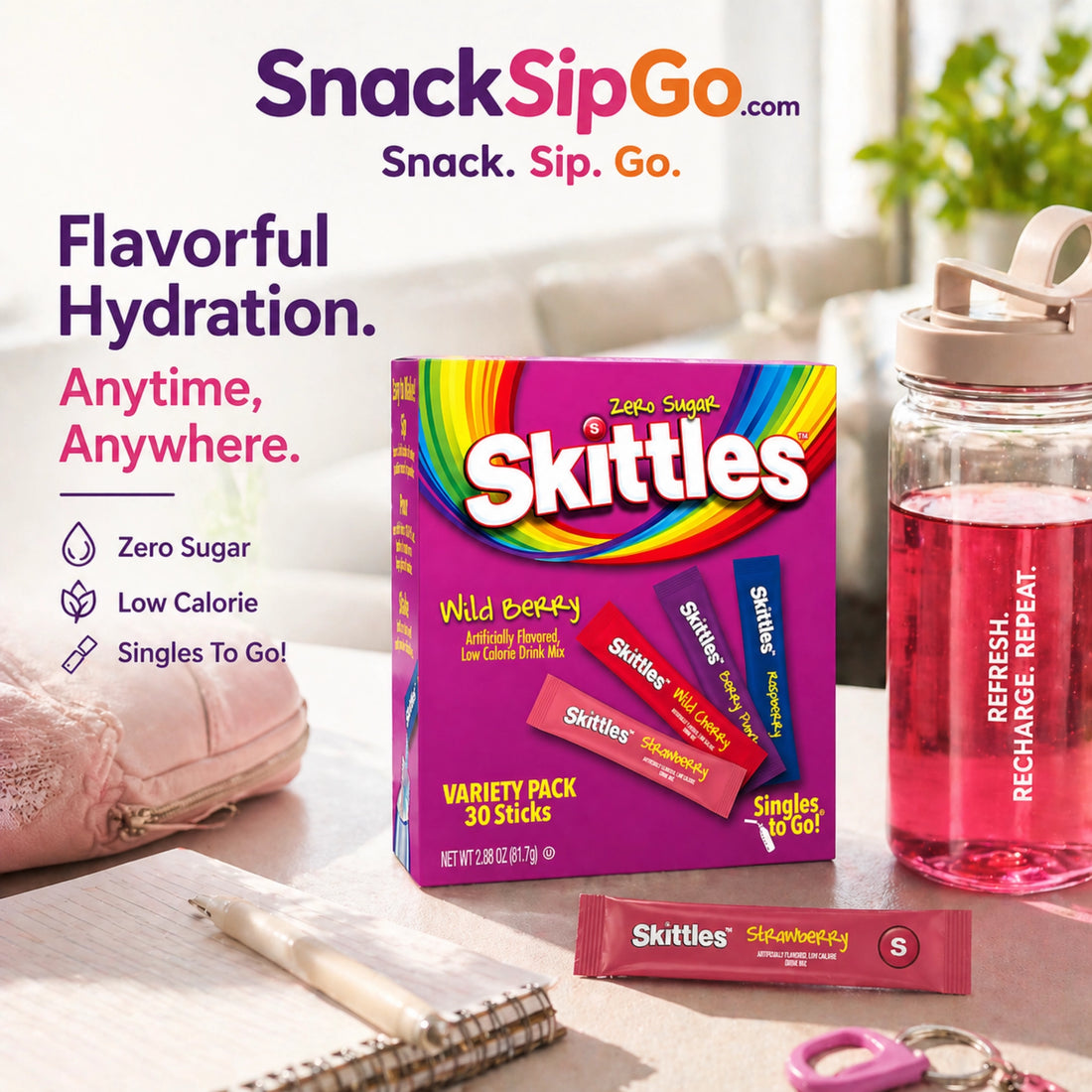 Skittles Singles To Go Wild Berry Zero Sugar Drink Mix, 30 Sticks