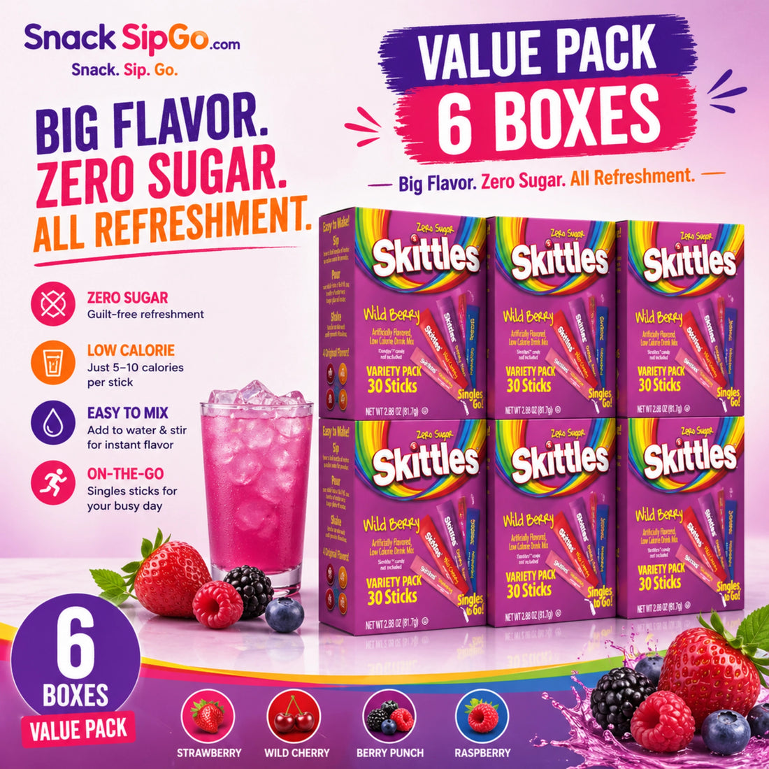 Skittles Singles To Go Wild Berry Zero Sugar Drink Mix, 30 Sticks