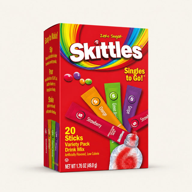 Skittles Singles To Go Original Variety Pack Zero Sugar Drink Mix, 20 Sticks front view | SnackSipGo UAE