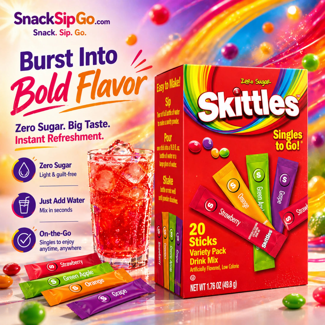 Skittles Singles To Go Original Variety Pack Zero Sugar Drink Mix, 20 Sticks
