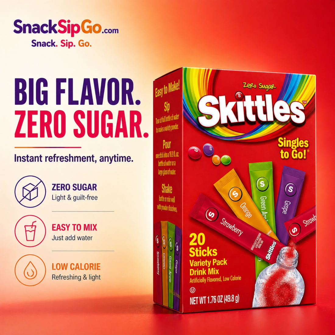 Skittles Singles To Go Tropical Zero Sugar Drink Mix, 20 Sticks