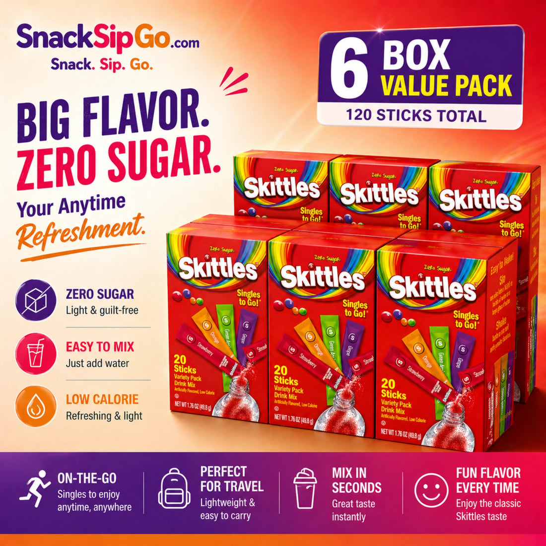 Skittles Singles To Go Original Variety Pack Zero Sugar Drink Mix, 30 Sticks
