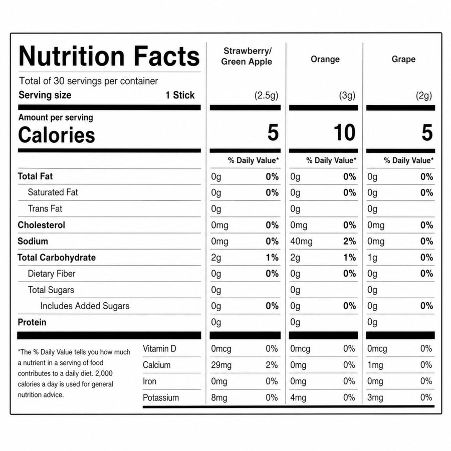 Skittles Singles To Go Original Variety Pack Zero Sugar Drink Mix, 20 Sticks Nutrition Facts