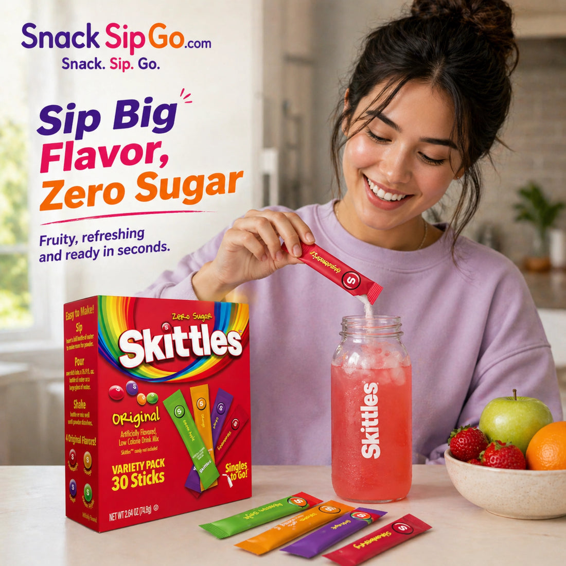Skittles Singles To Go Original Variety Pack Zero Sugar Drink Mix, 30 Sticks