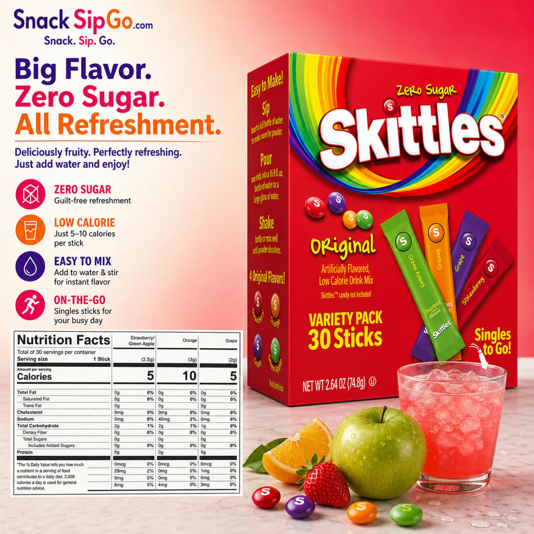 Skittles Singles To Go Original Variety Pack Zero Sugar Drink Mix, 30 Sticks