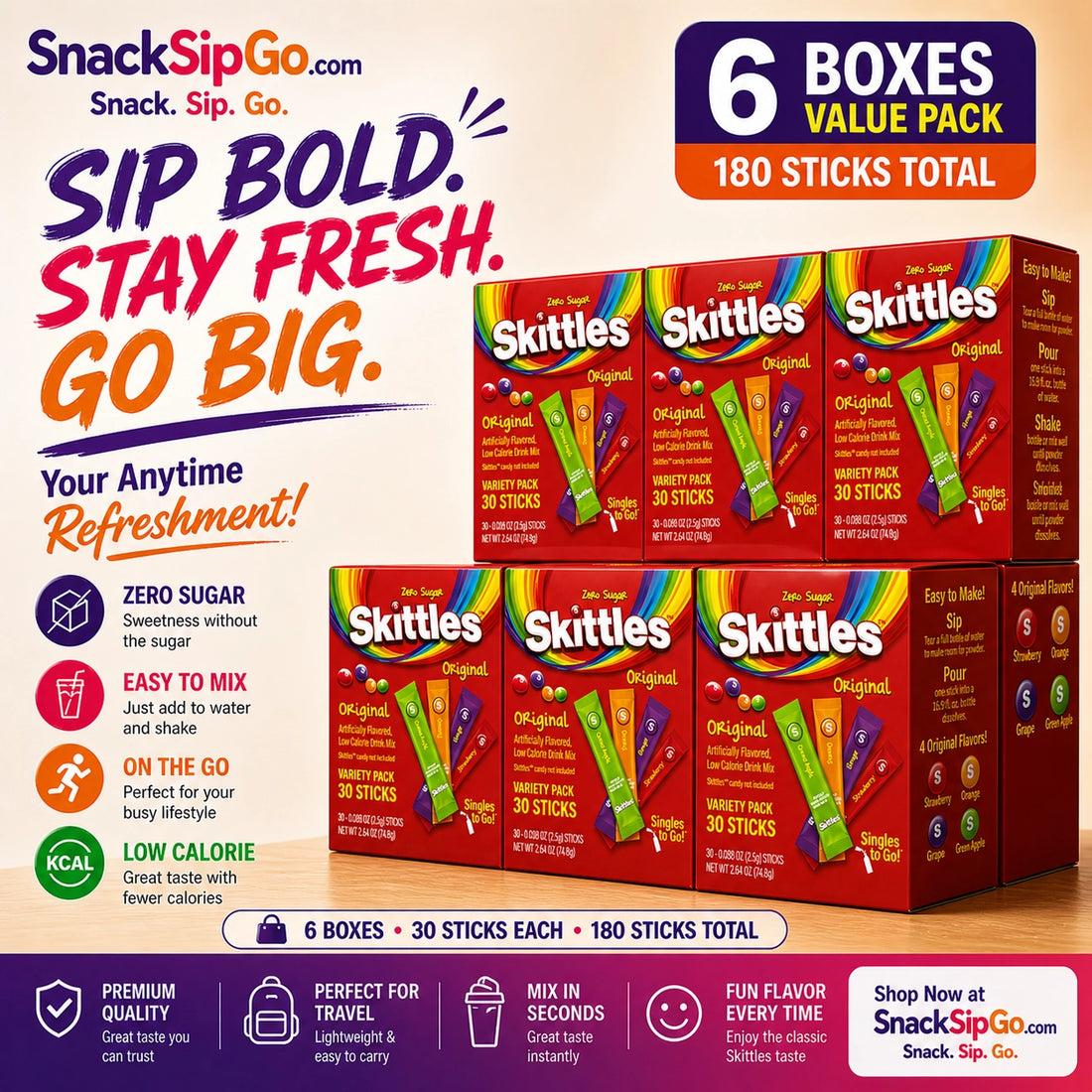 Skittles Singles To Go Wild Berry Zero Sugar Drink Mix, 30 Sticks